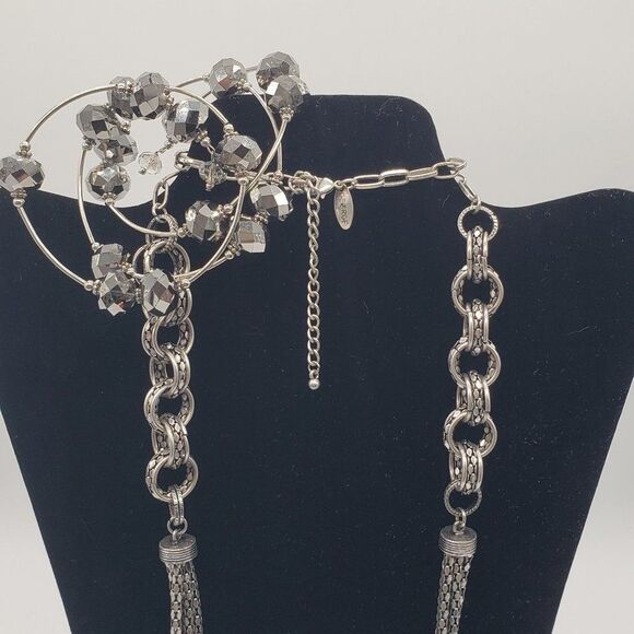 George Silver Tone 5 Strand Ring Link Necklace & Spring Silver Faux Gem Bracelet - Picture 12 of 14